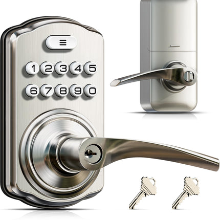 Veise Keypad Door Lock with Handle, Keyless Entry for Front Door & Bedroom, Electronic Lock with Code, Auto-Locking, Easy Installation, Passage Mode, Satin Nickel