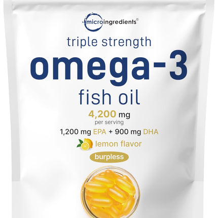 Micro Ingredients Triple Strength Omega 3 Fish Oil Supplements 4200mg Per Serving, 240 Softgels – Lemon Flavored – Burpless | EPA 1200mg + DHA 900mg | Deep Sea Fish