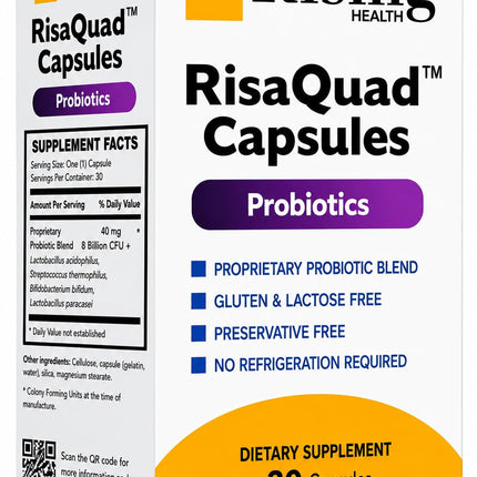 Rising Health RisaQuad™ Probiotic Capsules – 40 mg (8 Billion CFU+) Proprietary Probiotic Blend for Daily Digestive & Gut Health Support, 30 Capsules