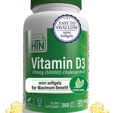 Health Thru Nutrition Vitamin D3 5000iu 360 Mini Softgels for Maximum Benefit Year Supply | 125mcg Cholecalciferol | 3rd Party Tested | Non-GMO USP Grade in Organic EVOO | Immune Health Support
