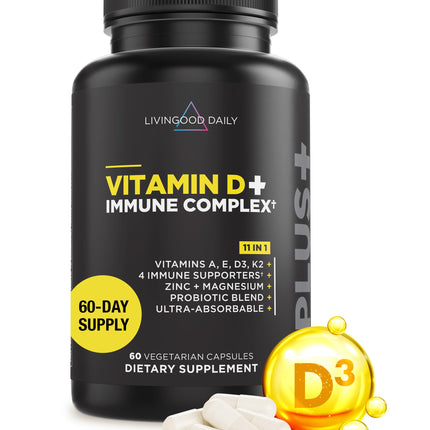 Livingood Daily Vitamin D3 K2 4000 IU Supplement, 9-in-1 Dietary Supplement for Immune Support - Made with Vitamins D, A, E, K2, Zinc, Magnesium & Probiotic Blend for Maximum Absorption - 60 Capsules