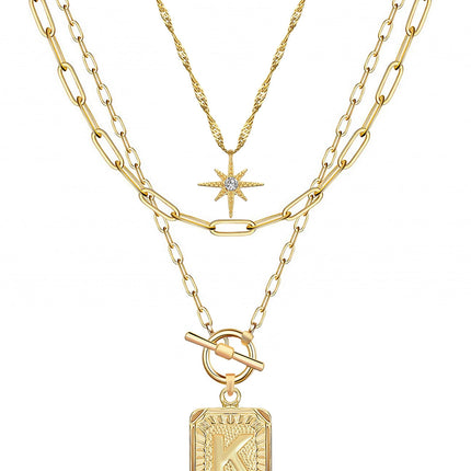 MJartoria Layered Initial Necklaces for Women Trendy, 14K Gold Plated Simple Star Choker Square Letter Pendant Necklace, Paperclip Chain Necklace, Gold Necklaces Jewelry Gifts (Gold, K)