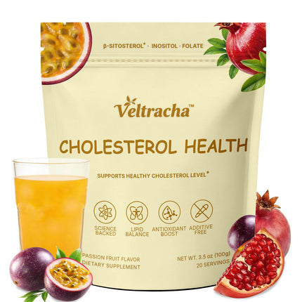 Veltracha Cholesterol Healthy Drink, Support Cholesterol Levels Drink with 600mg Beta-Sitosterol, Folate & Inositol, Zero Sugar and Vegan, Passion Fruit Flavor, 20 Servings