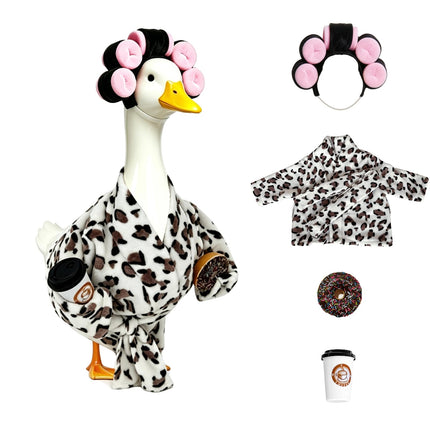 GSPIM Leopard Print Robe Porch Goose Outfits for 23" Goose Statue Funny Retro Home Patio Decor with Hair Curlers Bath Robe Waist Belt Coffee Cup Donut (Leopard Print Bathrobe)