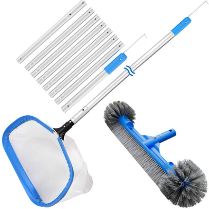 TidyMister Pool Net with Pole and Brush Set, 3-Piece Pool Cleaning Kit with Ultra Fine Mesh Pool Skimmer Net, Round End Pool Brush and 10 ft Telescopic Pole for Above Ground Pools, Spas and Hot Tubs