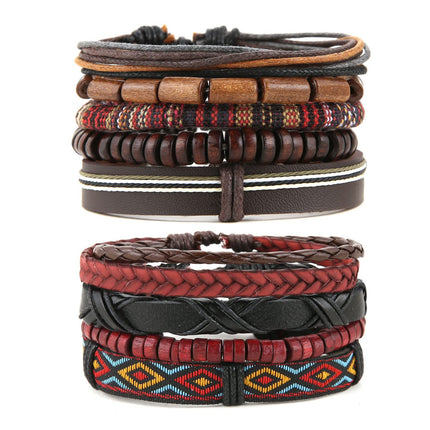 HZMAN Handmade Hemp Cords Wood Beads Leather Bracelets for Men Women