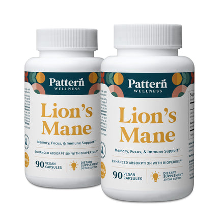 Pattern Wellness Lion’s Mane Mushroom – Supplement Capsules for Cognitive & Focus Support – Enhanced Absorption – 180 Vegan Capsules