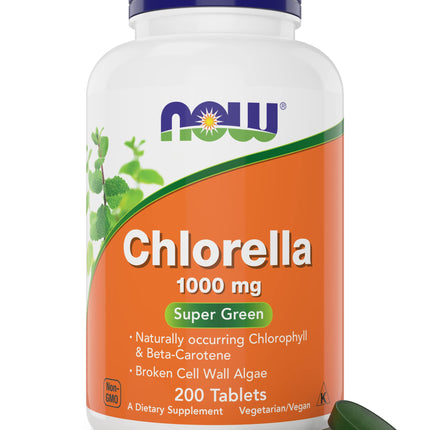 Now Chlorella Tablets,1000mg, 200 Tabs - Premium, Non-GMO Microalgae - Green Superfood Supplement