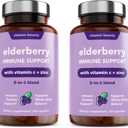 Vitamin Bounty Elderberry Immune Support - with Zinc, Vitamin C & Echinacea, Advanced 5-in-1 Blend, Powerful Antioxidant, Supports Whole Body Balance, Non-GMO - 60 Capsules, 2 Pack