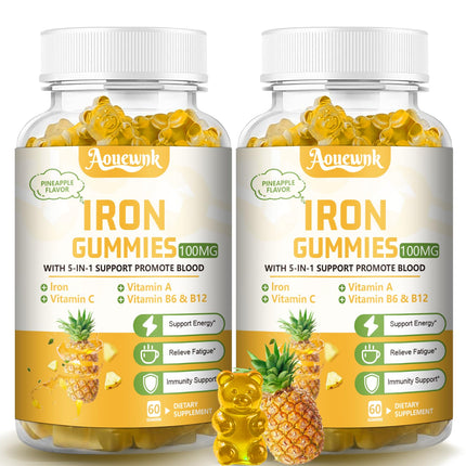 Aouewnk 2 Packs 100MG Iron Supplements Gummies for Women & Men - Contains Vitamin C, A, B - Suitable Adults & Kids, Iron Deficiency, Immune & Energy Support, Pineapple Flavor, Non-GMO, 120 Counts