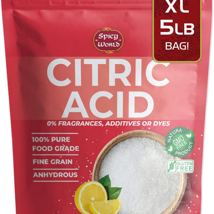 Pure Citric Acid 5 LB Bulk Bag - 100% Natural, Food Grade, Non-GMO - Citric Acid Powder for Cleaning, Bath Bombs, Preserving | Fine Granular | Premium Quality by Spicy World