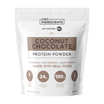 JUST INGREDIENTS Coconut Chocolate Protein Powder – 30-Serving Blend with 100% Grass-Fed Whey & Organic Plant Proteins – Creamy Coconut Cocoa Flavor – Supports Muscle Recovery, Energy*
