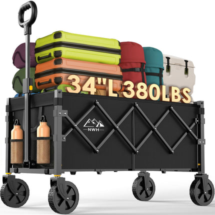 NWH 34'' Extra Long Collapsible Wagon, 380lbs Large Capacity Folding Wagons Carts with Wheels Foldable, Heavy Duty Utility Cart with All-Terrain Wheels for Beach Outdoor Grocery Camping Garden