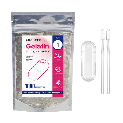 ATLEMISME Empty Gelatin Capsules Size 1 (1000 Count) – Gel Caps for DIY Filling with 2 Micro Lab Spoons