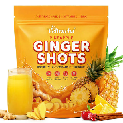 Veltracha Juicing Ginger Shots, Pineapple Ginger Turmeric Drink with Vitamin C, Zinc & lron, Superfood Juice Powder for Immunity & Digestion Support, 30 Servings (Pineapple and Ginger)