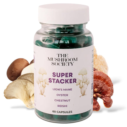 The Mushroom Society Super Stacker - 4-in-1 Mushroom Supplement Wellness Blend - Lion’s Mane, Oyster, Chestnut & Reishi - Immune, Focus & Daily Vitality - 60 Vegan Capsules