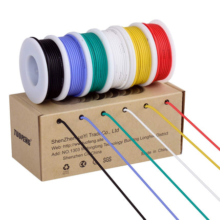 TUOFENG 24 awg Wire Flexible Silicone Wire,24 Gauge Tinned Copper Wires Silicone Rubber Insulated (6 Different Colored 30ft / 9m Each)(OD: 1.6 mm) Hook up Wires