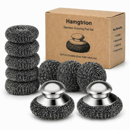 Steel Wool Scrubber, 10-Pack Stainless Steel Scrubber Pads with Handle - The Ultimate Scouring Solution for Rust, Stubborn Messes on Cookware, Grill, Oven & Kitchen Sinks