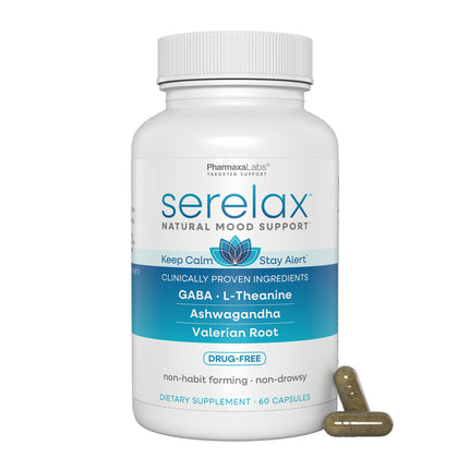Serelax - Stress Relief Supplement - Supports Mood & Mental Focus - Feel Calm and Relaxed - Eases Tension & Nervousness - Ashwagandha, GABA, Valerian & L-Theanine - 60 Capsules
