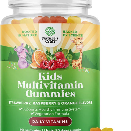 Plant Based Kids Multivitamin Gummies - Multivitamin for Kids Immune Support with Vitamins A, C, D3, E, B6 & B12, Zinc & Iodine - Children's Vitamins Chewable Formula for Strong Health - 90 Count