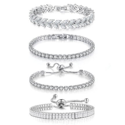 YOYUNLUO 4 Pcs Tennis Bracelet Set Silver Plated Marquise Cubic Zirconia CZ Diamond Dainty Adjustable Silver Bracelets for Women Brides Stackable Fashion Jewelry Wedding Prom Gift, 6.5 inch
