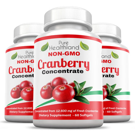 Pure Healthland Cranberry Concentrate 252mg Per Softgel | 50:1 Extract | 60 Easy to Swallow Softgels for Men & Women, 3 Bottles