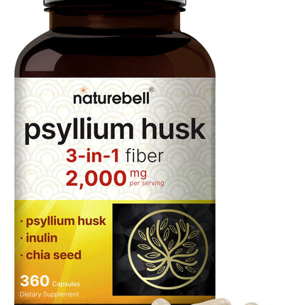 NatureBell Psyllium Husk Fiber Capsules 2,000mg Per Serving, 360 Caps | Soluble Fiber Supplement | 3-in-1 with Inulin & Chia Seed | Plant Based, Non-GMO, Gluten Free