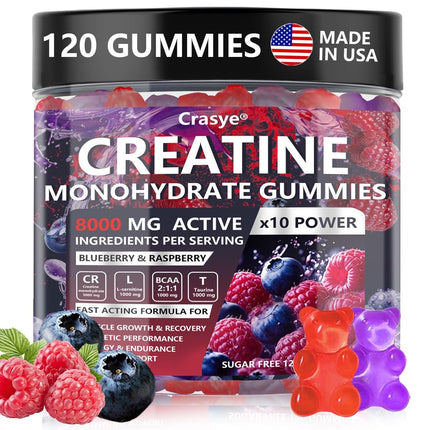 Crasye Creatine Monohydrate Gummies 5000 MG for Men Women, Creatine Gummy with Taurine BCAA for Energy Support and Muscle Strength, Sugar Free Pre-Workout Supplement