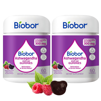 Biobor (2 Packs) Ashwagandha Gummies, KSM-66 Ashwagandha Root Extract with Vitamin D3, Relaxation Support & Immune Support for Adults - GMO Free, Gluten Free, 120 Count