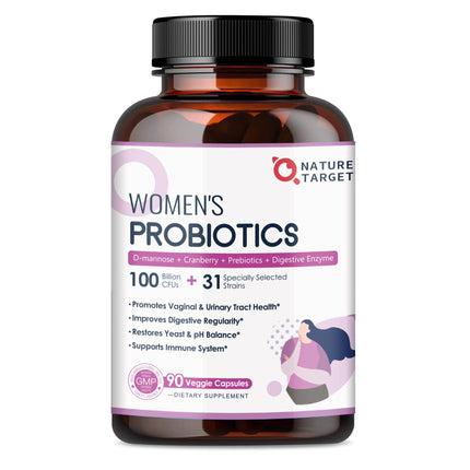 NATURE TARGET Probiotics for Women, 100 Billion CFUs Probiotic with Digestive Enzymes & Prebiotics, Vaginal Probiotics with Cranberry for Urinary Tract Health, pH Balance, 90 Veggie Capsules