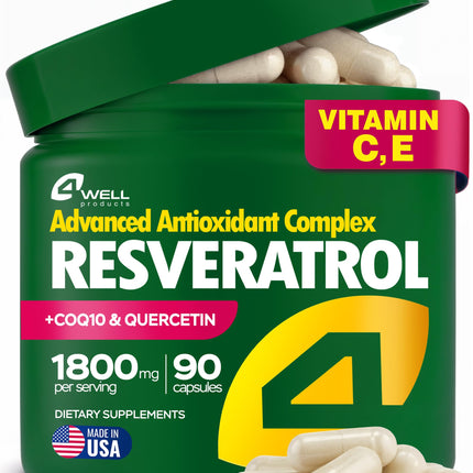 Resveratrol Supplement 1800mg Complex - COQ10, Quercetin, Vitamin E, Calcium Ascorbate - Powerful Antioxidant Formula for Enhanced Energy Heart Health & Healthy-Aging Support Trans Resveratrol 90 Caps