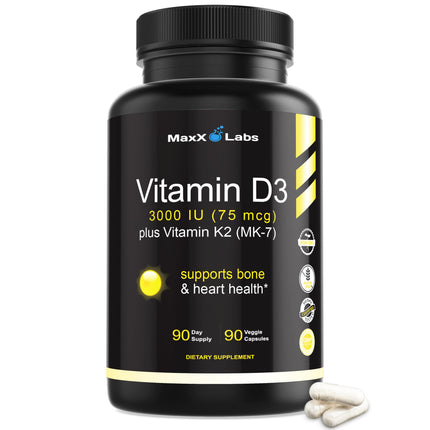 MaxX Labs Vitamin D3 K2 3000 IU - with Vitamin K as MK-7 from Natto - High Potency Vitamin D Supplement Support Healthy Bones, Teeth, Heart & Immune Function, Gluten-Free - 90 Capsules
