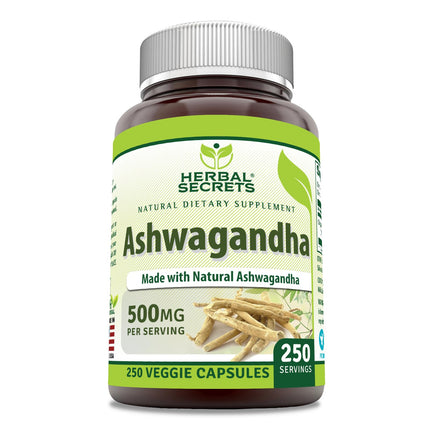 Herbal Secrets Ashwagandha (Made with Natural Ashwagandha) 500 Mg | Veggie Capsules Supplement | Non-GMO | Gluten-Free | Made in USA (1 Pack | 250 Count)