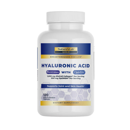 Nature's Lab Hyaluronic Acid with Biocell Collagen and MSM - Skin Hydration, Joint Health - 120 Capsules (40 Day Supply)