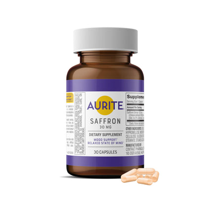 Aurite Saffron Supplement | Stress Management, Herbal Mood Support, Long-Term Memory, for Women & Men. 30 Count, Saffron 30mg, Vegetarian Friendly, Non-GMO, Gluten-Free, Soy-Free (1 Months of Supply)
