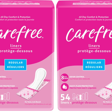 Carefree Panty Liners for Women, Regular, Wrapped, Unscented, 54ct (Pack of 2)