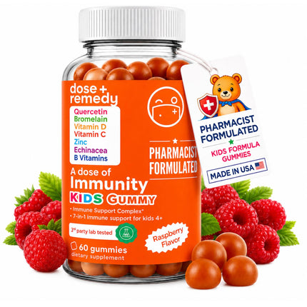 A Dose of Kids Immunity Support Gummies - Daily Immune Booster Supplement Quercetin Gummies for Children with Vitamin B Complex, Vitamin C, Zinc, Vitamin D, Quercetin Bromelain, Echinacea - 60 Count