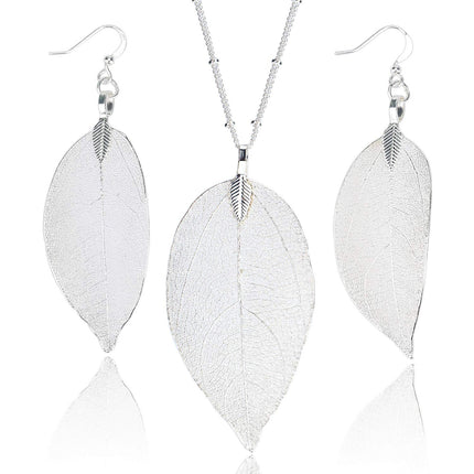 BOUTIQUELOVIN Silver Long Leaf Necklace and Earrings Set for Women Boho
