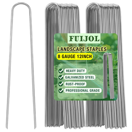 8 Gauge Landscape Staples, FUIJOL 12 Inch Heavy Duty U-Shaped Landscape Stakes, 100 Pack Galvanized Garden Staples for Weed Barrier Stakes, Ground Cover, Irrigation Tubing, Fence (100)