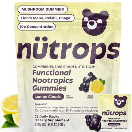 Grüns Nutrops Lions Mane Mushroom Gummies for Adults, Functional Nootropics, Herbal Brain Supplement for Energy, Brain Health, Cognitive, Memory & Focus, Reishi, Chaga, Cordyceps, Coriolus, 28 Count