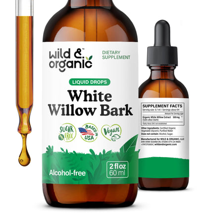 Wild & Organic White Willow Bark Extract Liquid Drops - Overall Well-Being Supplement - 500 mg White Willow Bark Herb Tincture - No Alcohol & Sugar, Non-GMO - 2 fl oz