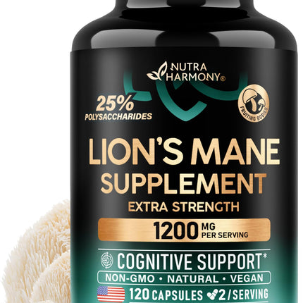 Lions Mane Supplement Capsules - Organic Lions Mane - Made in USA - Fruiting Bodies Extract - 1200 mg, 25% Polysaccharides - Memory & Focus Support - As Lions Powder - 120 Capsules, 2 Month Supply