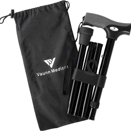 FSA/HSA Eligible, Vaunn Medical Easy Grip Height Adjustable Folding Cane/Walking Stick with Strap/Pouch- Compact, Portable, and Safe Walking Assistant- Non-Slip Grip Handle- Men, Women, Elderly
