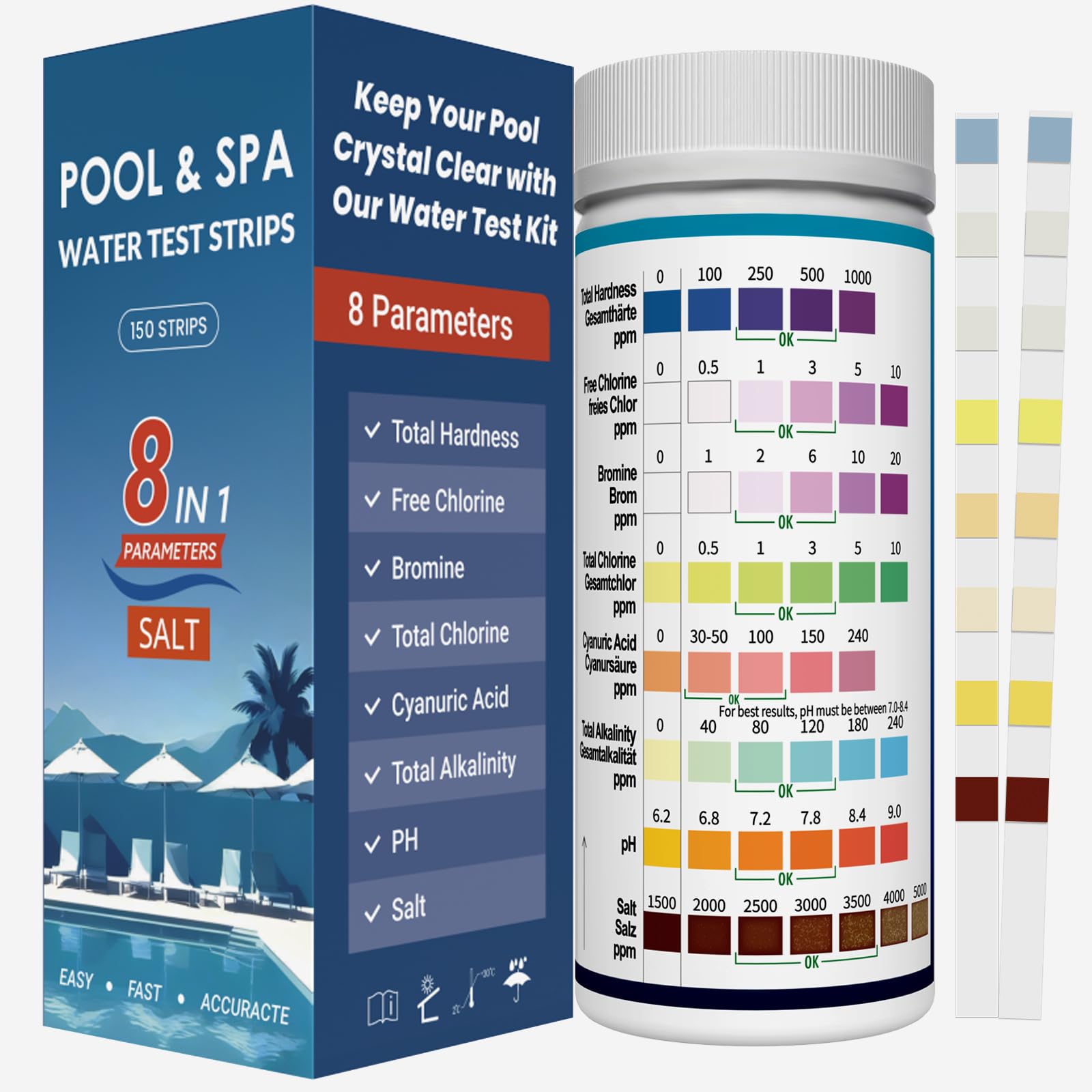 Pool Salt Test Kit All-New 2026 8-in-1 Pool Test Strips -150 CT Pool Salt Test Strips | S ...