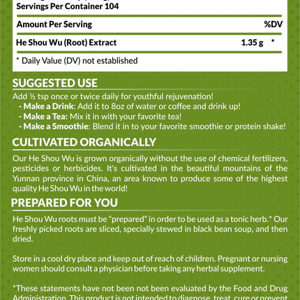 Purity Natural Beauty Certified Organic He Shou Wu - Large 5oz Bag of 30:1 Concentrated-Fo-ti - Organic Foti Extract- Fo ti He Shou Wu Organic (Pack of 2-10 Ounces)