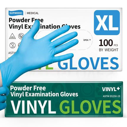 Supmedic Vinyl Disposable Exam Gloves, 4 Mil Powder-Free Latex-Free Food Grade Cooking Cleaning Medical Glove, Blue 100 Pcs (X-Large)