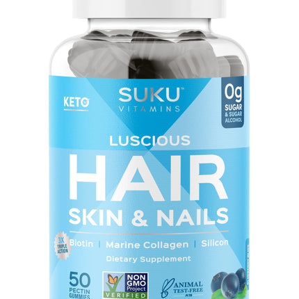SUKU Vitamins - Luscious Hair - Silicon Biotin and Hydrolyzed Marine Collagen Gummies for Skin, Hair & Nails - Easy to Chew - Non GMO, Gluten Sugar Free - Blueberry Flavored Gummy Vitamins - 50 Count