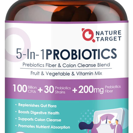 NATURE TARGET Probiotics for Women-Men Digestive Health, Mens-Womens Probiotic with Prebiotics, 100 Billion for Gut and Immune Health, No Refrigeration, 90 Veggie Capsules (45 Days Supply)