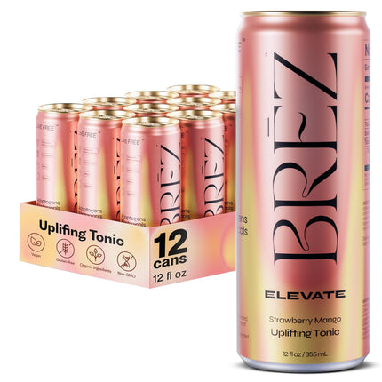BRĒZ ELEVATE Cordyceps Mushroom Drink, Non-Infused Uplifting Tonic with Cordyceps, Guayusa, Maca & Ginseng, Vegan Adaptogen Drink for Focus, Drive & Mental Clarity, Strawberry Mango, 12 fl oz, 12 Pack