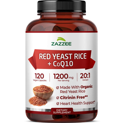 Zazzee Organic Red Yeast Rice 20:1 Extract with CoQ10, Citrinin-Free, 1200 mg per Serving, 80 mg CoQ10, 120 Vegan Capsules, Healthy Heart & Cardiovascular Support, Non-GMO, Made in the USA